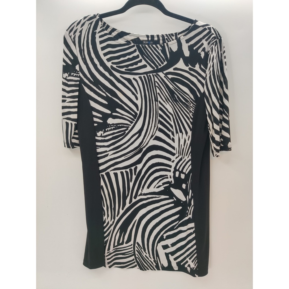 Style & Co Petite PM Black White Abstract Zebra Print Boat‎ Neck Tunic Top PM